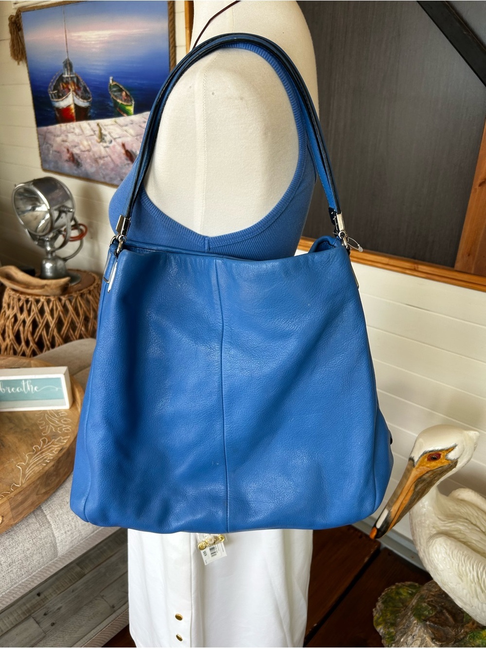 Coach Blue Leather Hobo Shoulder Bag Large Slouchy Tote Purse preloved
